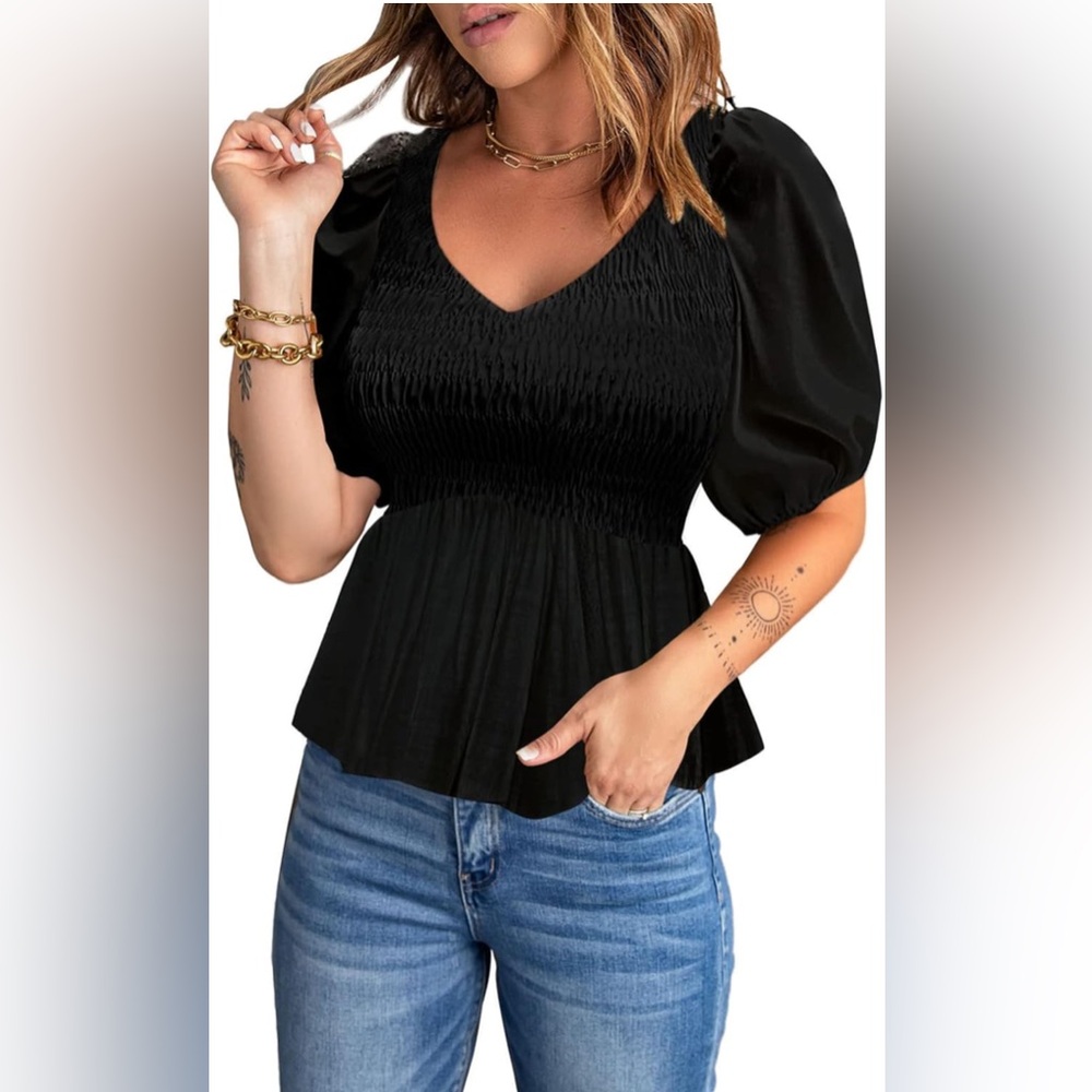Acelitt Women's Puff Short Sleeve Peplum Top V Neck Smocked Blouses Dressy Shirt